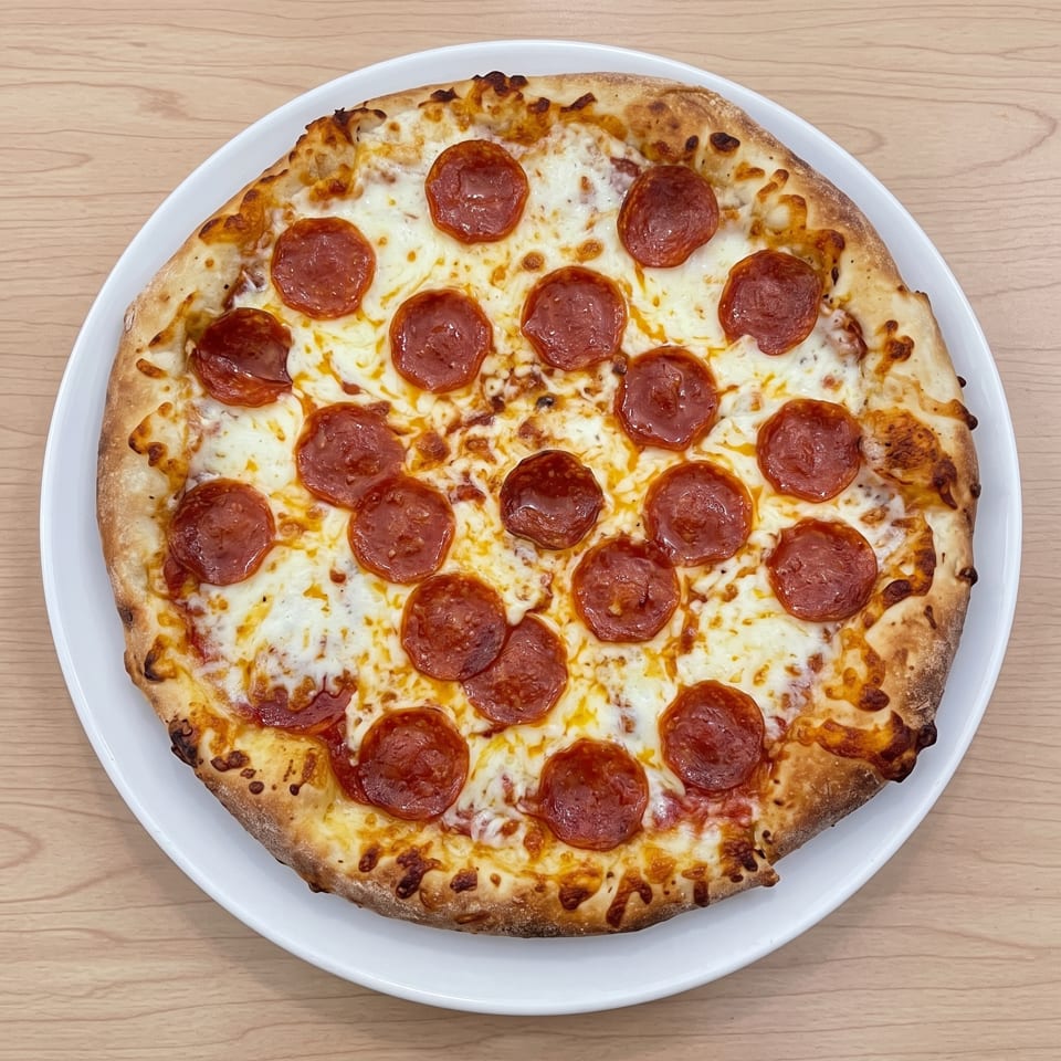 Overhead view of a whole pepperoni pizza on a white plate on a wooden table.
